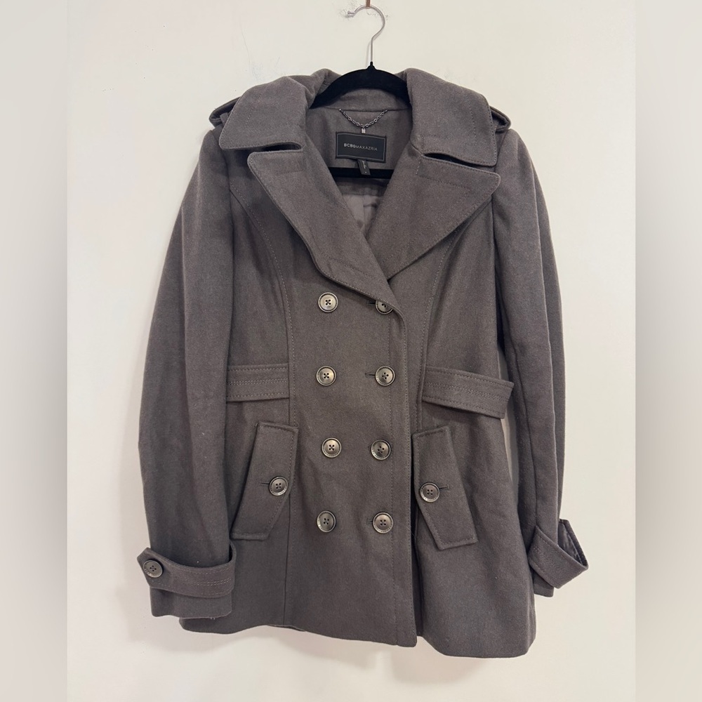 BCBGMaxAzria Gray Peacoat with Wide Lapels and Belted Cuffs